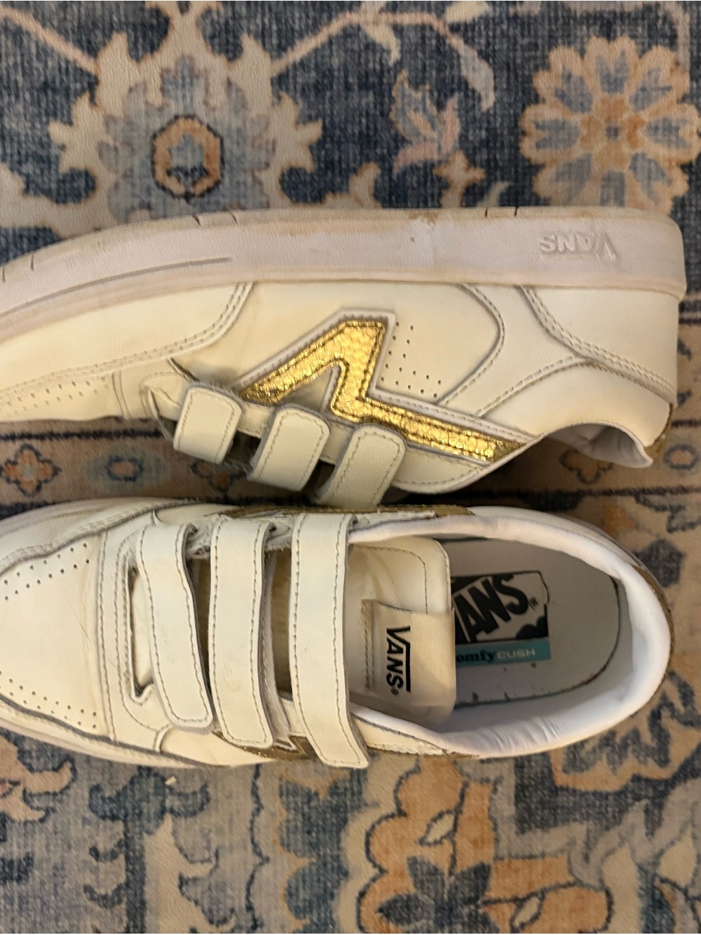 Vans White Leather Velcro Sneakers with Gold Detail